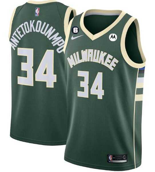 Men%27s Milwaukee Bucks #34 Giannis Antetokounmpo White With No.6 Patch Stitched Basketball Jersey->memphis grizzlies->NBA Jersey